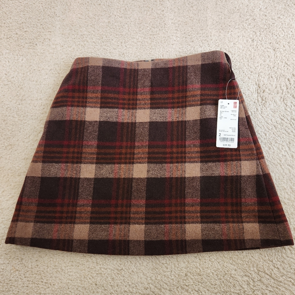 Uniqlo Women's Wool Blend Miniskirt, Plaid Brown, Size 2